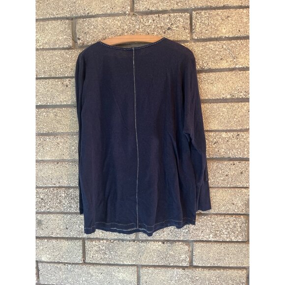 Navy Blue Long Sleeve Top With Lace-Up Neckline Yellow Stitching & Blue Patterne - Picture 7 of 8